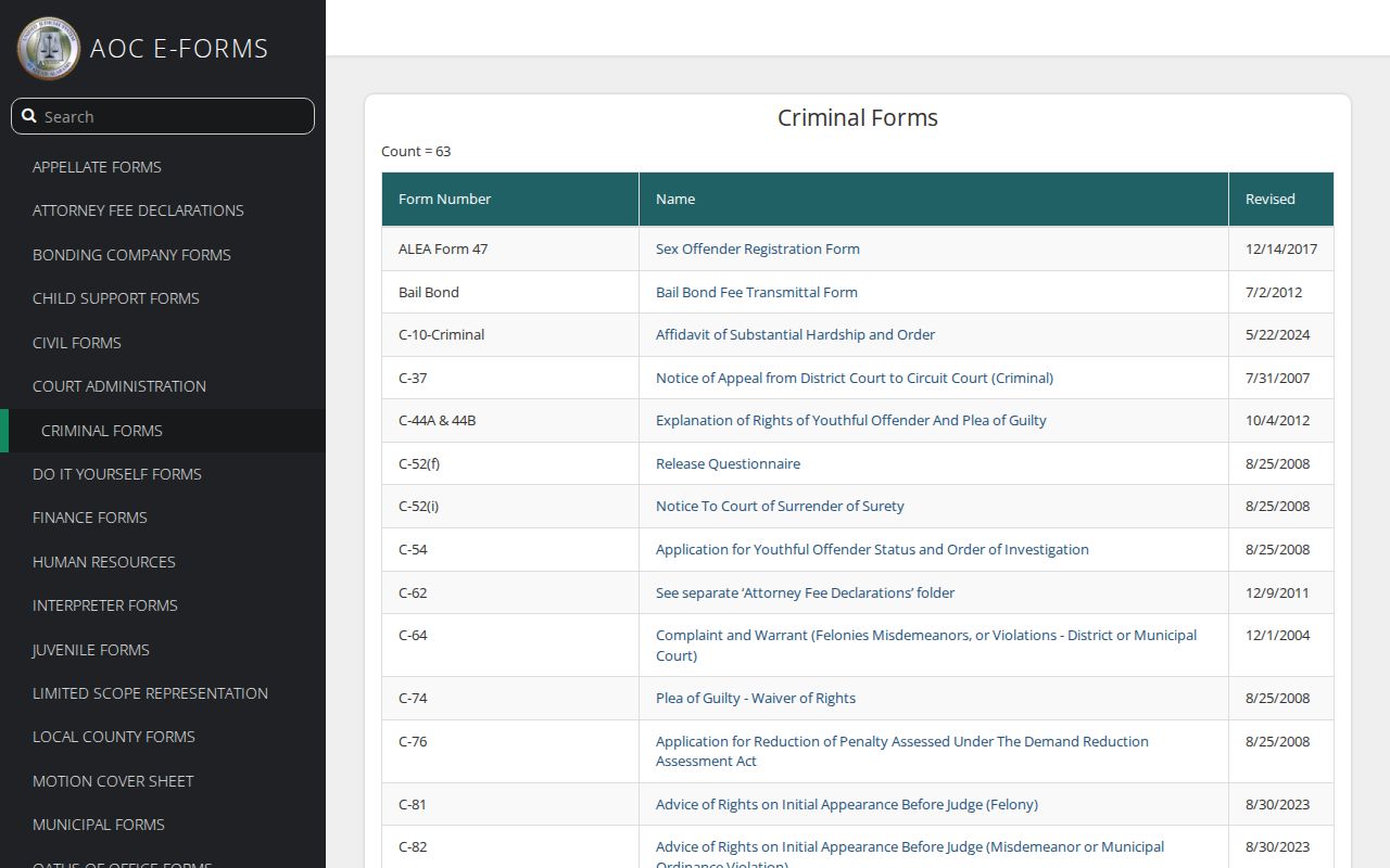 Alabama criminal e-forms index for warrant and court forms