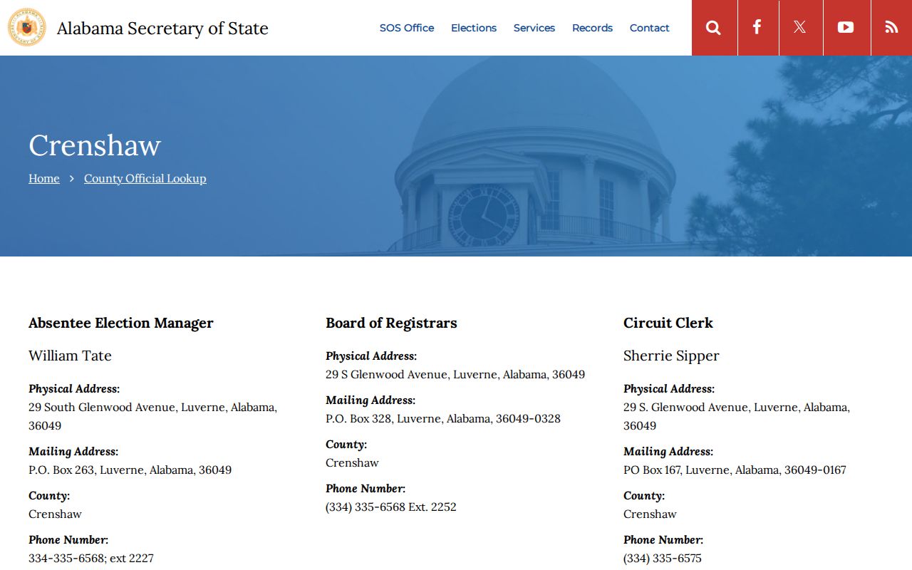 Official Alabama directory for Crenshaw County offices