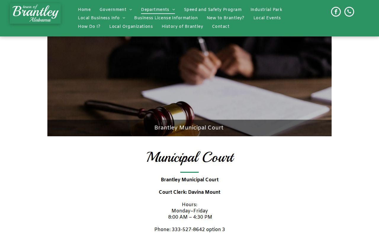Official Brantley Municipal Court page with hours and case scope